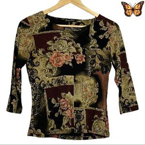 BRITTANY Black 3/4 Sleeve Floral and Ribbed Detailed Top Size Unknown